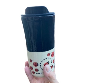 Large Lady Bug Travel Mug - Pottery Mug -  Coffee Mug - To Go Cup