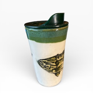 Artisanal Bass Chasing Lure Porcelain Travel Mug: 16oz Handmade Stoneware Coffee Cup for Fishing Enthusiasts