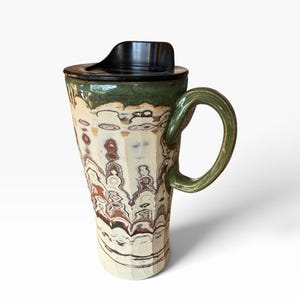 Neriage reismok met deksel, 590 ml, handgesneden agaatkleurige koffiebeker, aardetinten steengoed, cadeau voor hem (A-48)