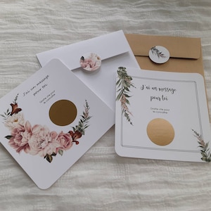 CARTE À GRATTER demande marraine, demande parrain, message caché, pivoine