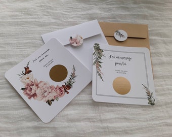 CARTE À GRATTER demande marraine, demande parrain, message caché, pivoine