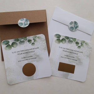 CARTE À GRATTER fond brumeux eucalyptus, demande marraine, parrain