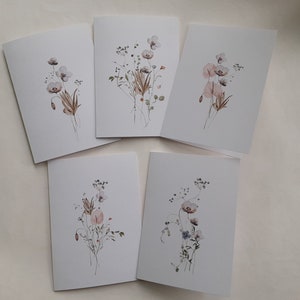 LOT 5 CARTES VOEUX, carte illustration fleurs sauvages, carte sans texte, carte toute occassion