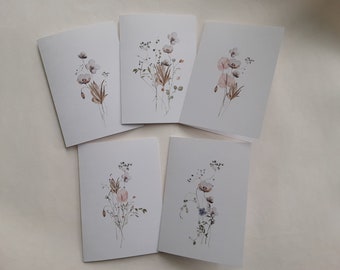 SET OF 5 GREETING CARDS, wild flower illustration card, blank card, all-occasion card