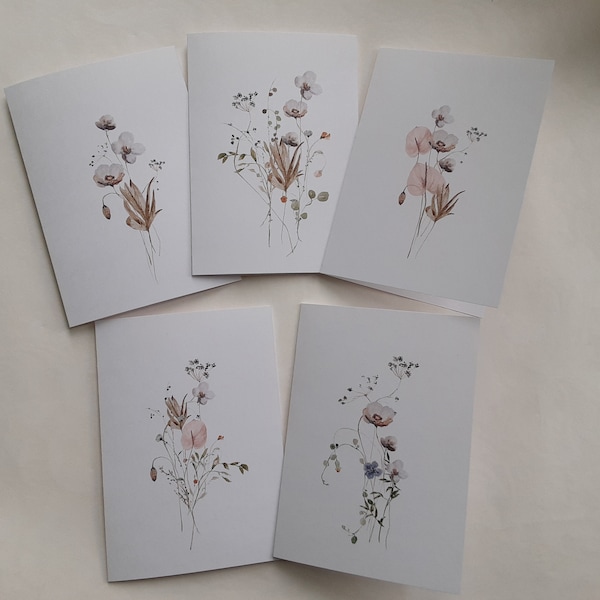 LOT 5 GREETING CARDS, wild flower illustration card, card without text, all occasion card
