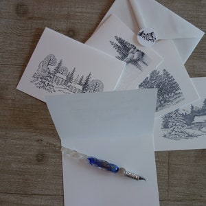 Paysage campagne. Lot 5 cartes minimalistes, carte-note encre noir, carte-note minimaliste, carte-note paysage de campagne.