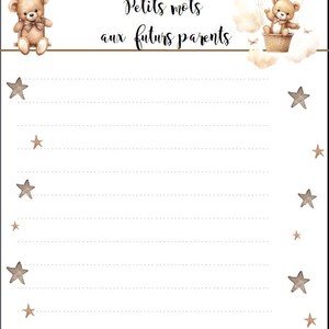Op de afbeelding: Een printbare babyshowerkaart met een bruine teddybeer op een schommel en een bruine teddybeer in een luchtballon. De kaart heeft een witte achtergrond met bruine sterren en een banner met de tekst "Petits mots aux futurs parents".