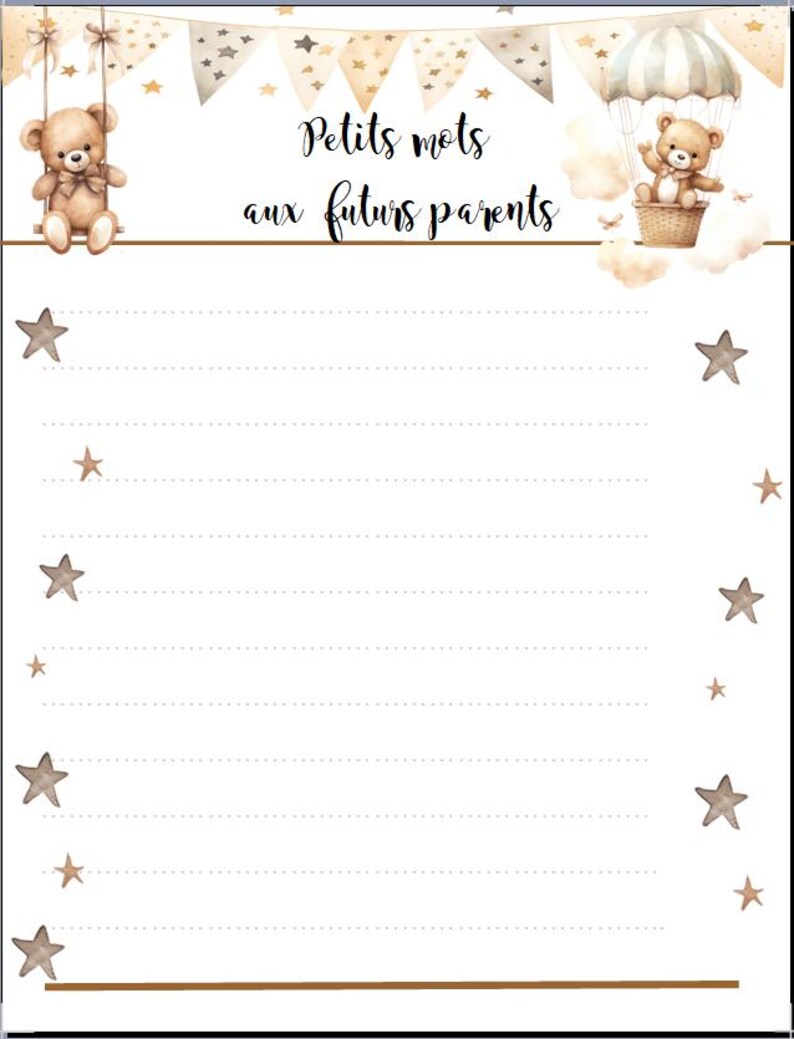 Op de afbeelding: Een printbare babyshowerkaart met een bruine teddybeer op een schommel en een bruine teddybeer in een luchtballon. De kaart heeft een witte achtergrond met bruine sterren en een banner met de tekst "Petits mots aux futurs parents".
