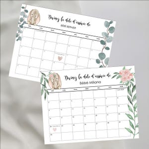 NUMÉRIQUE, POSTAL, calendrier prédiction naissance/date arrivée bébé/shower bébé/calendrier lapin/papier à lettre aux parents