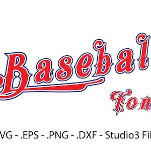 Op de afbeelding: Baseball Font grafisch ontwerp met rode letters en een blauwe omtrek. De tekst luidt "Baseball Font".