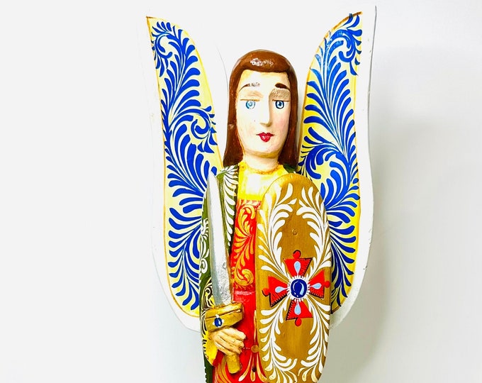 Saint Michael Archangel Wooden Hand Carved Handmade and paint by Venezuelan artist.