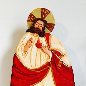 Serie Papelon Sagrado Corazon de Jesus -Sacred Heart Handmade and paint by Venezuelan artist. 14 Inches