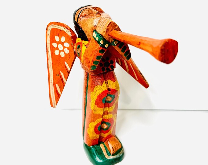 Collaboration Fair Trade Group from Guatemala. Medium Orange Trumpet ANGEL Hand Carved Handmade and painted by Guatemalan Artist