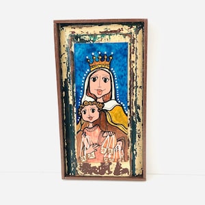 Unique Retablo  Our Lady of Carmel Virgin Mary . Handmade Wood painted by Venezuelan Artist.
