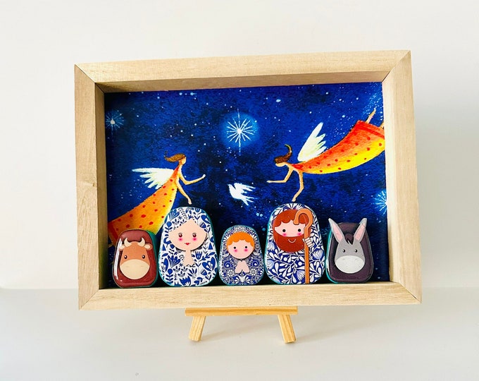 Nativity in a BOX .Beautiful Nativity Scene with colorful wood box handmade by Venezuelan artist. 5 pieces + box + Stand