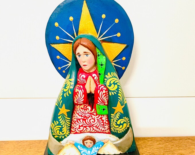 Our Lady of Guadalupe . Wood Carving Handmade and painted by Venezuelan Artist.