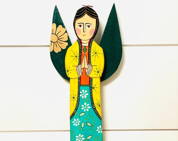 Green Wood Angel Hand Carved Handmade and paint by Venezuelan artist. 12' x 4' (Hanging to the wall)