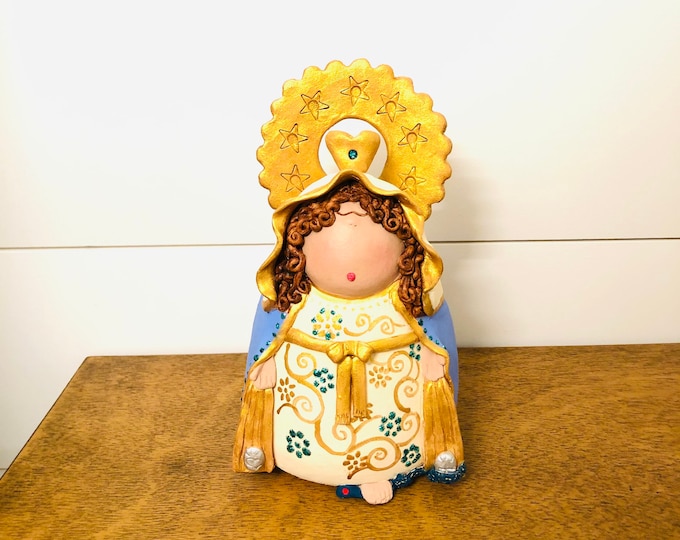 Clay Figure of Virgen de la Milagrosa handmade in Venezuela.