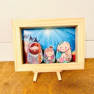 Nativity in a BOX #8    .Beautiful  Nativity  Scene with colorful wood box handmade by Venezuelan artist. 3 pieces + box + Stand