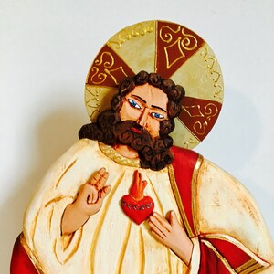 Serie Papelon Sagrado Corazon de Jesus Sacred Heart Handmade and paint by Venezuelan artist. 14 Inches image 2