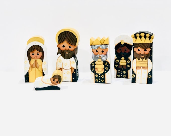 Small wood "White" Nativity 6 Pieces Set. Handmade and   Hand painted by  Venezuelan Artist. 5" x 2.5" inches