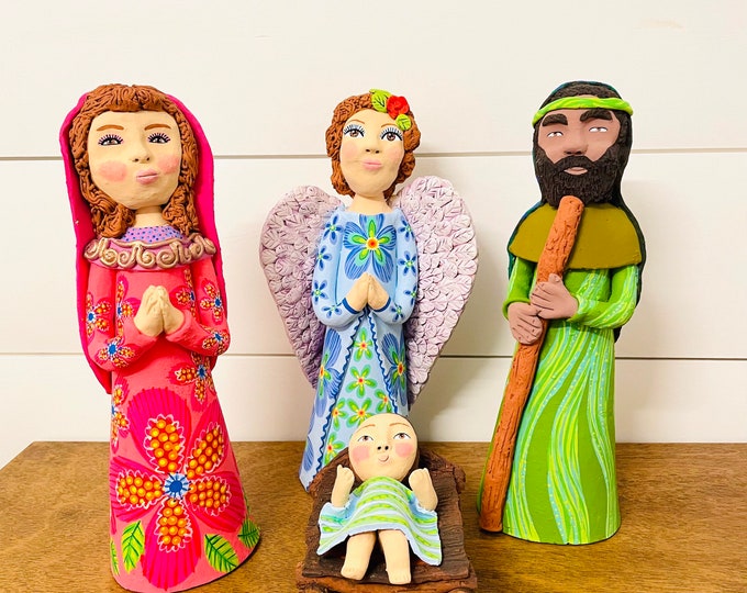 Sweet Clay / Terracota Nativity. Handmade  and hand painted in Venezuela.  Nativity 4 Pieces Set .