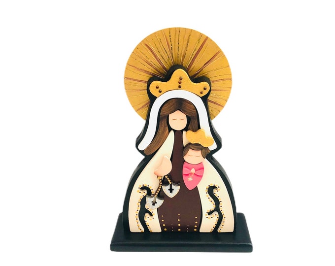 Wooden Virgin Mary  "Virgen del Carmen"  hand painted with pointillism technique from Venezuelan Artist.  Aprox 8 inches
