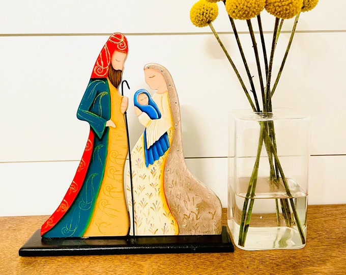 Handmade -  Colored Wood Nativity Scene, Baby Jesus, Mary  and Joseph