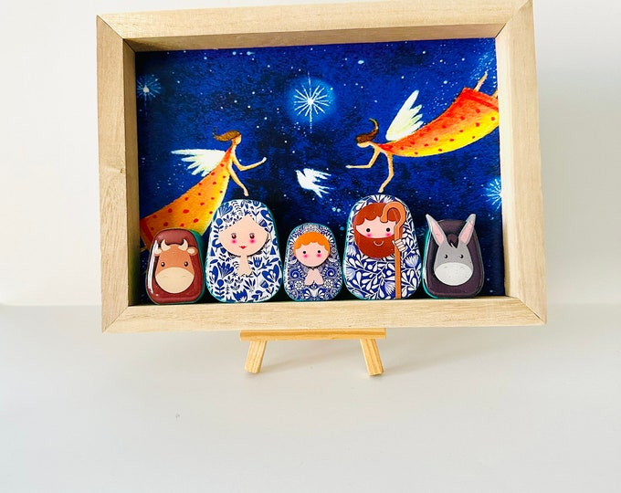 Nativity in a BOX .Beautiful Nativity Scene with colorful wood box handmade by Venezuelan artist. 5 pieces + box + Stand