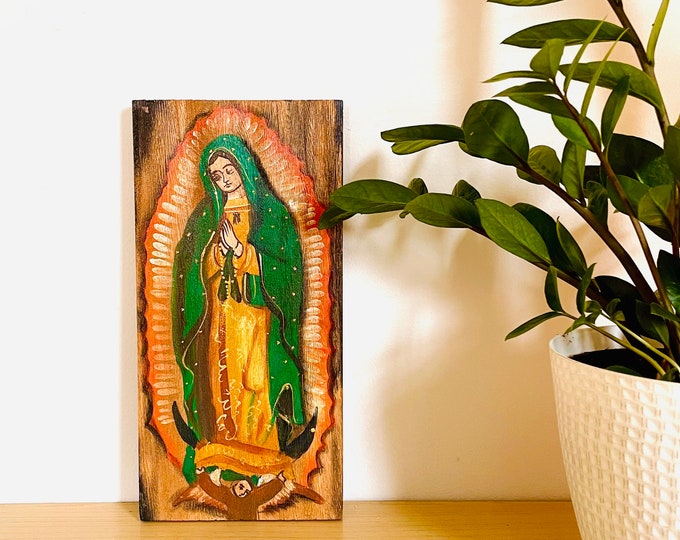 Retablo  Our Lady of Guadalupe . Handmade Wood painted by Venezuelan Artist.