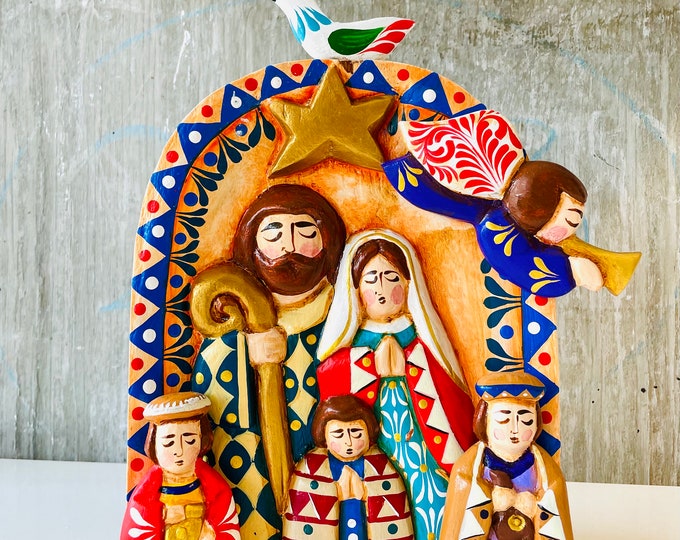 The Holy Family Wood carved Handmade and painted by Venezuelan Los Andes artist. 10 inches