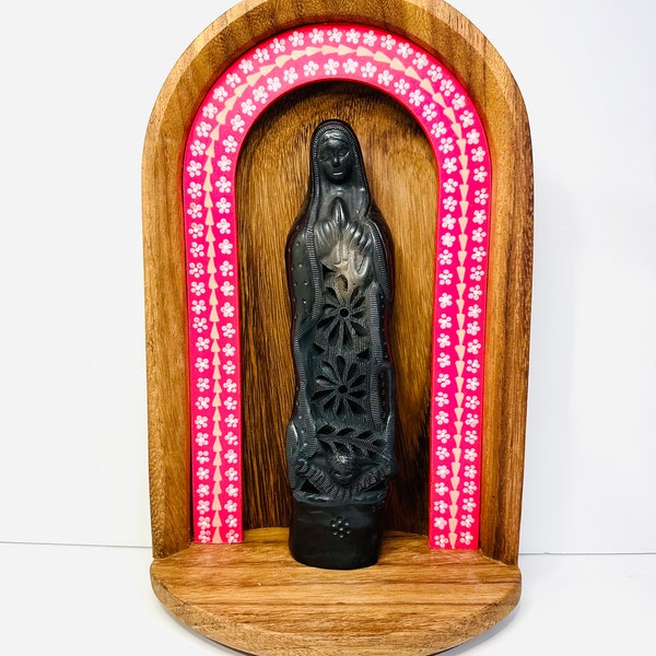 Virgen de Guadalupe Blessed Virgin Barro Negro - Fucsia arch - wood  niche handmade in Mexico