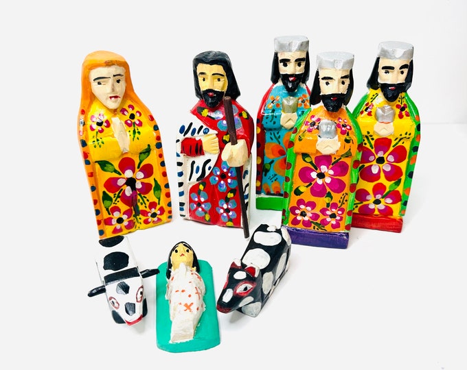 Multi Color medium  Handmade  and hand painted in Guatemala Venezuela. Wood Nativity 8 Pieces Set  from Guatemala.