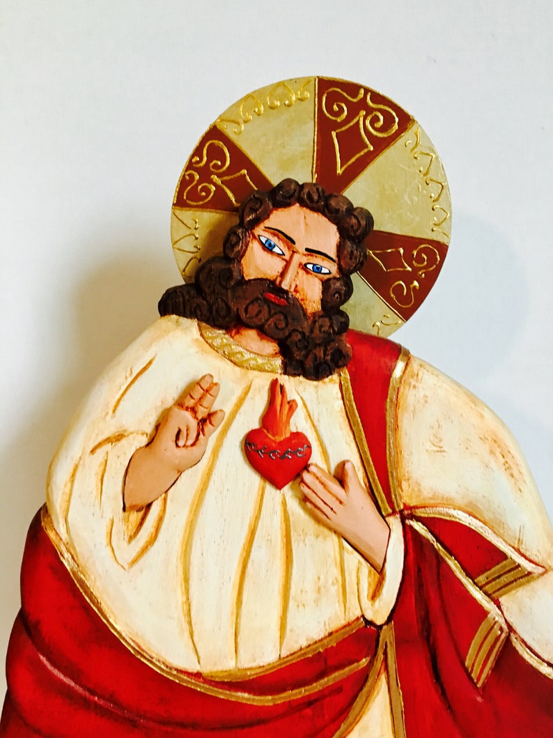 Serie Papelon Sagrado Corazon de Jesus Sacred Heart Handmade and paint by Venezuelan artist. 14 Inches image 2