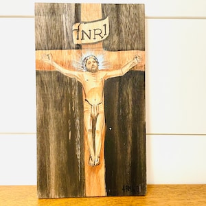 Retablo Crucifixion of Jesus.  Handmade Wood painted by Venezuelan Artist.