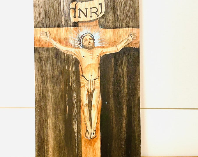 Retablo Crucifixion of Jesus.  Handmade Wood painted by Venezuelan Artist.