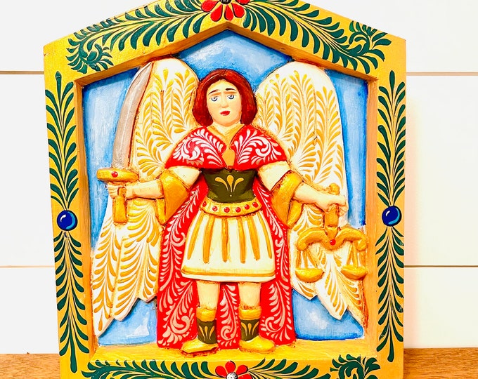 Saint Michael Archangel  Grande Nicho Wooden Hand Carved Handmade and paint by Venezuelan artist.