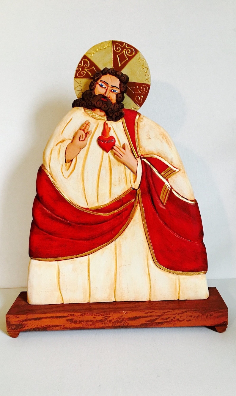 Serie Papelon Sagrado Corazon de Jesus Sacred Heart Handmade and paint by Venezuelan artist. 14 Inches image 1