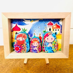 Nativity in a BOX #11   .Beautiful  Nativity  Scene with colorful wood box handmade by Venezuelan artist. 3 pieces + box + Stand