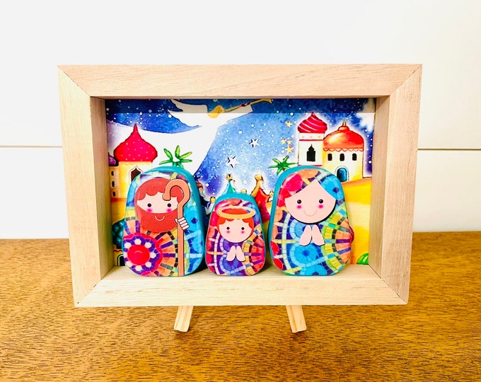 Nativity in a BOX #11   .Beautiful  Nativity  Scene with colorful wood box handmade by Venezuelan artist. 3 pieces + box + Stand