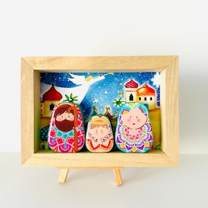 Nativity in a BOX #4 Beautiful  Nativity  Scene with colorful wood box handmade by Venezuelan artist. 3 pieces + box