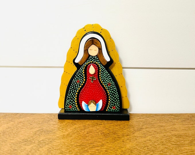 Wooden Virgin Mary  "Guadalupe"  hand painted with pointillism technique from Venezuelan Artist.  Aprox 8 inches