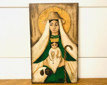 Retablo Virgen de la Divina Pastora/ The Divine Shepherdess. Handmade Wood painted by Venezuelan Artist.