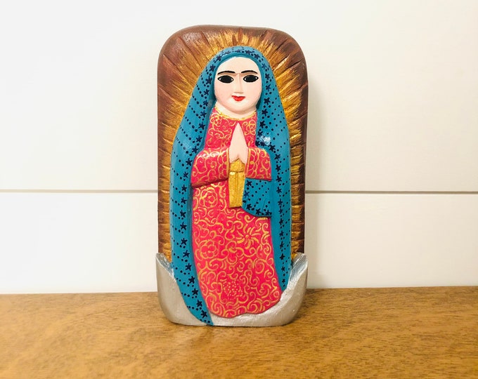 Solid Wood Guadalupe Virgin Mary. Handmade and Hand-painted in Venezuela. Spectacular details. Aprox8' by  4'