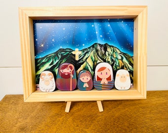 Nativity in a BOX #11 Grande   .Beautiful  Nativity  Scene with colorful wood box handmade by Venezuelan artist. 5 pieces + box + Stand