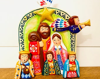 The Holy Family Wood carved Handmade and painted by Venezuelan Los Andes artist. 10 inches