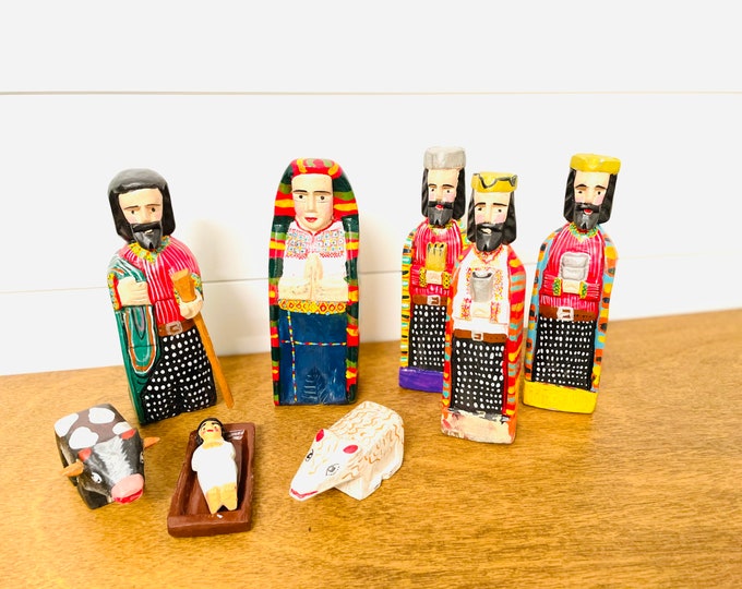 GRANDE NATIVITY SET,  Very  Colorful Holy Family, Wood Handmade in Guatemala