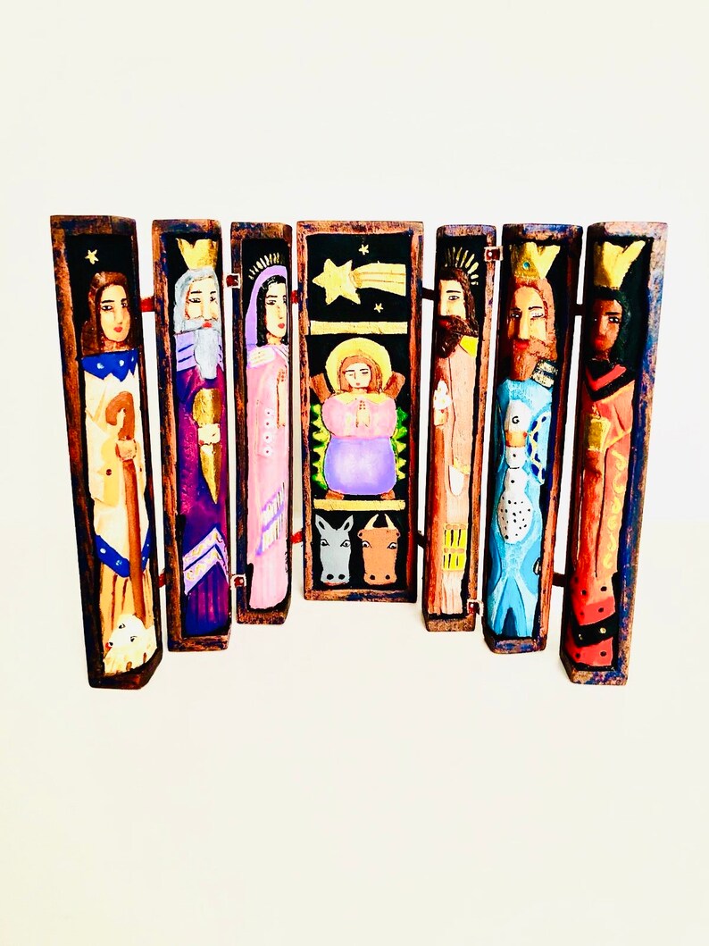 Brown Blue  6  Wood nativity scene Big  Retablo image 1