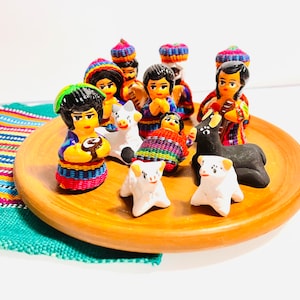 Green Medium  Guatemala - Mayan Nativity  set 12 . Handmade in Clay and traditional clothes.