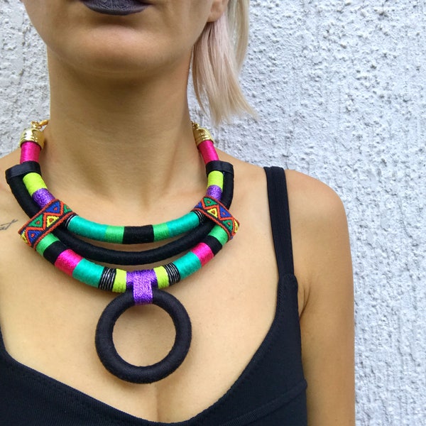 African necklace african jewelry African statement necklaces rope necklaces for women gift for her Colorful handmade jewelry textile
